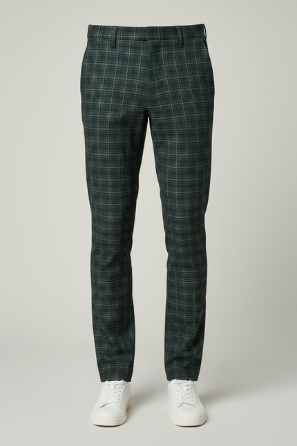 Pantalon Chino Carreaux Vert Slim Élégant Formel - Laine - vue 3
