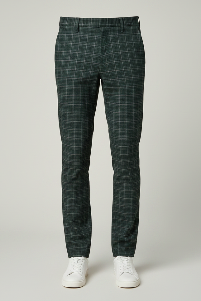 Pantalon Chino Carreaux Vert Slim Élégant Formel - Laine - vue 3