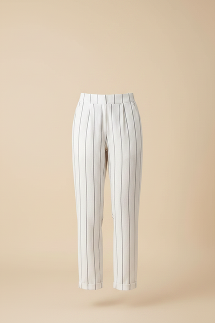 Pantalon Chino Blanc Rayé Coton Lin Ample Décontracté Femme - vue 3
