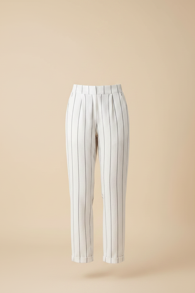Pantalon Chino Blanc Rayé Coton Lin Ample Décontracté Femme - vue 3