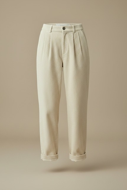 Pantalon Chino Crème Côtelé Ample Taille Haute Femme - Beige Cordé - vue 3