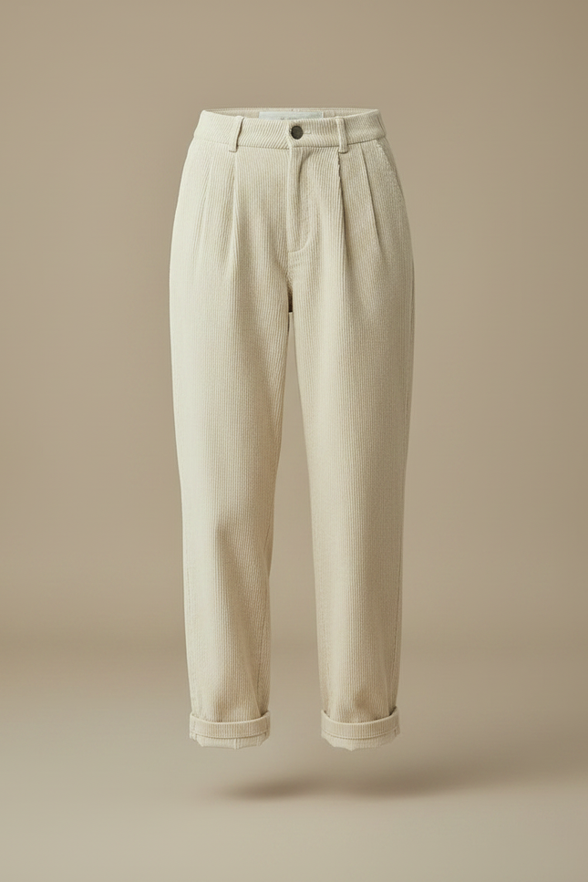 Pantalon Chino Crème Côtelé Ample Taille Haute Femme - Beige Cordé - vue 3