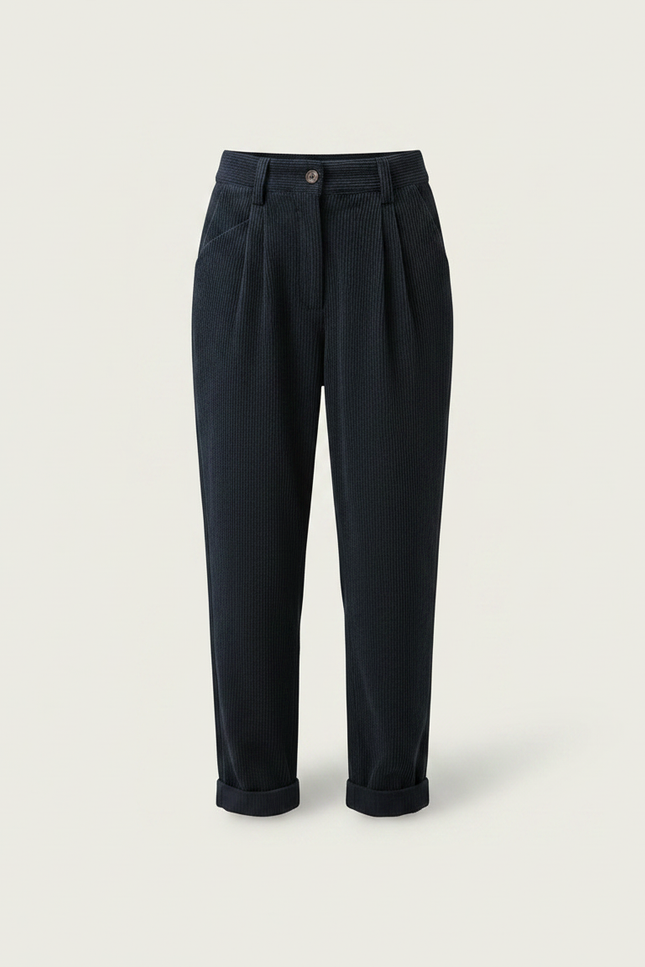 Pantalon Chino Côtelé Bleu Marine Ample Décontracté Femme - Cordé - vue 3