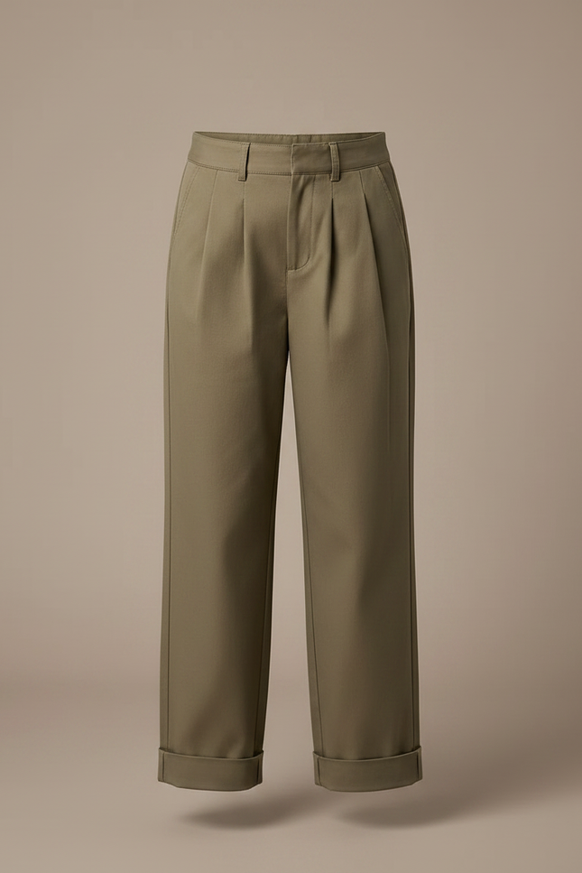 Pantalon Chino Kaki Plissé Droit Décontracté Femme - Gabardine - vue 3