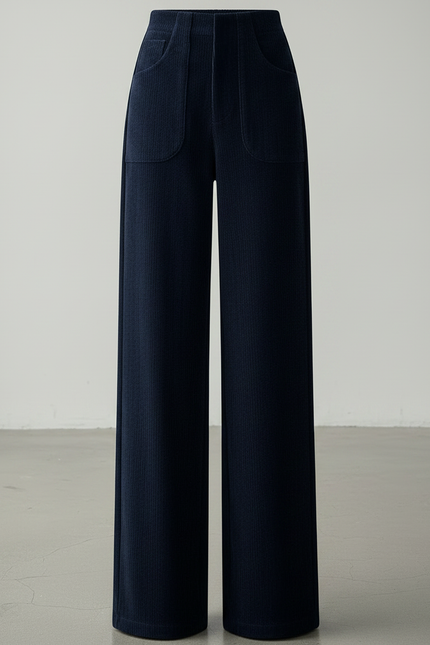 Pantalon Chino Velours Côtelé Ample Taille Haute Femme - Marine Cordé - vue 3