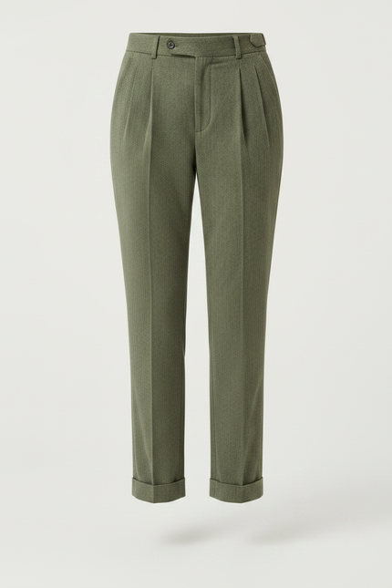 Pantalon Chino Vert Olive, Plissé, Taille Haute, Femme - Tweed - vue 3