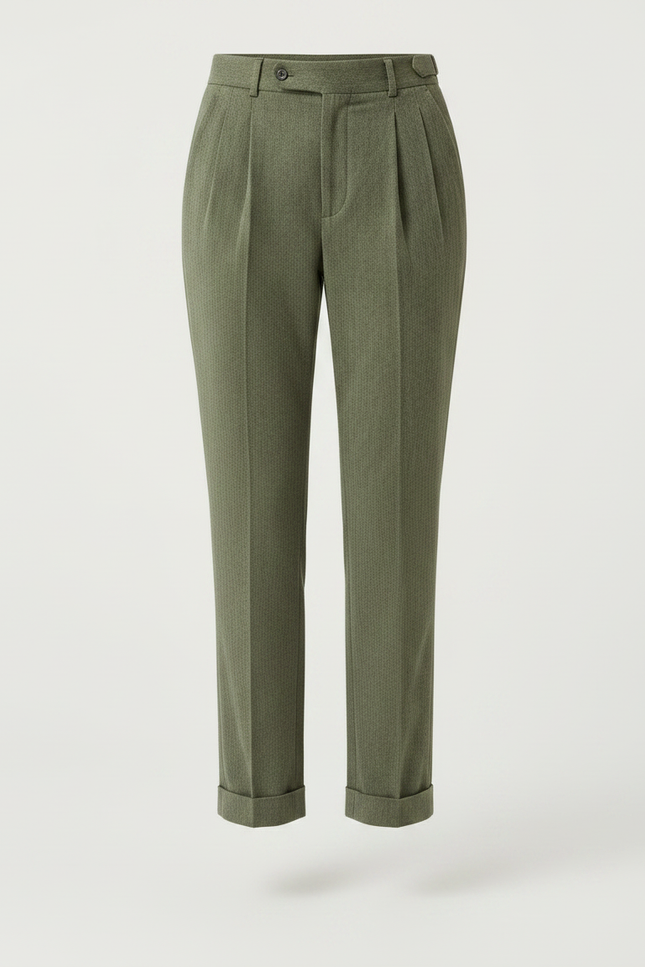 Pantalon Chino Vert Olive, Plissé, Taille Haute, Femme - Tweed - vue 3