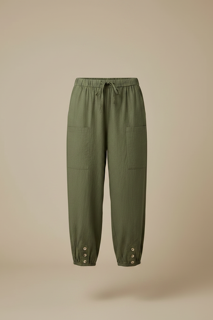 Pantalon Chino Vert Olive Lin Ample Cordon Femme - Kaki - vue 3