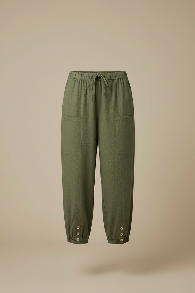 Pantalon Chino Vert Olive Lin Ample Cordon Femme - Kaki - vue 3