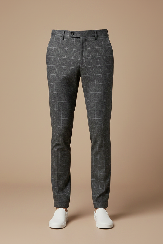 Pantalon Chino Homme Gris À Carreaux Slim Élégant - Gabardine - vue 3