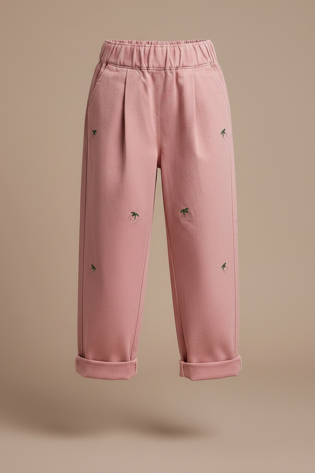 Pantalon Chino Rose Coton Ample Brodé Cerises Fille - Molleton - vue 3