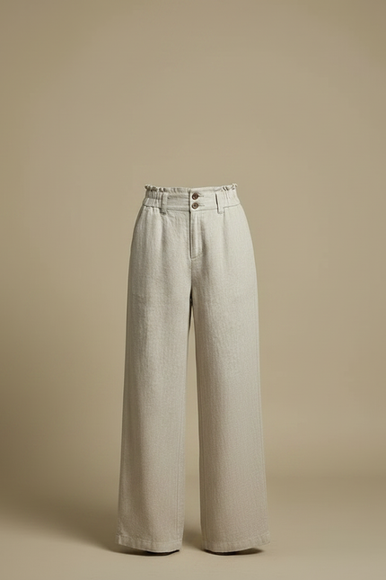 Pantalon Chino Beige Ample Taille Haute Lin Femme - vue 3