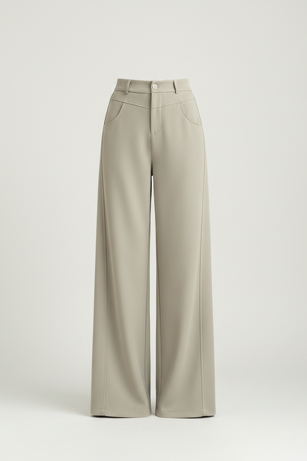 Pantalon Chino Beige Ample Taille Haute Fluide Élégant - Kaki Polyester - vue 3