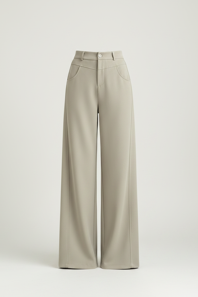 Pantalon Chino Beige Ample Taille Haute Fluide Élégant - Kaki Polyester - vue 3