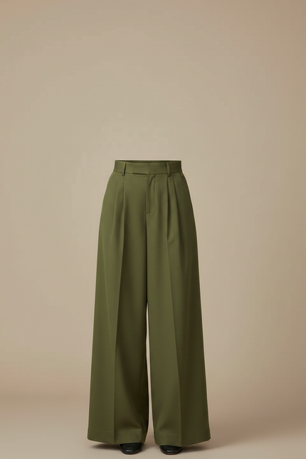 Pantalon Chino Vert Ample Plissé Taille Haute - Kaki Gabardine - vue 3