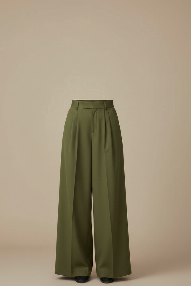 Pantalon Chino Vert Ample Plissé Taille Haute - Kaki Gabardine - vue 3