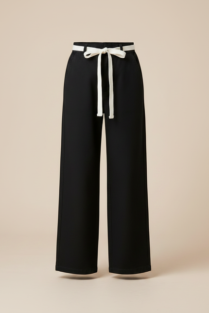 Pantalon Chino Noir Large Taille Haute Cordon - Gabardine - vue 3