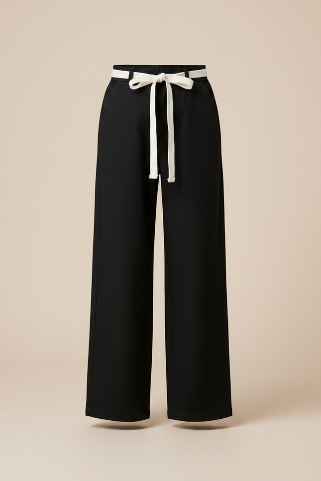 Pantalon Chino Noir Large Taille Haute Cordon - Gabardine - vue 3