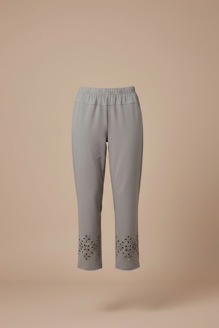 Pantalon Chino Gris Brodé Cheville Décontracté Femme - Coton - vue 3