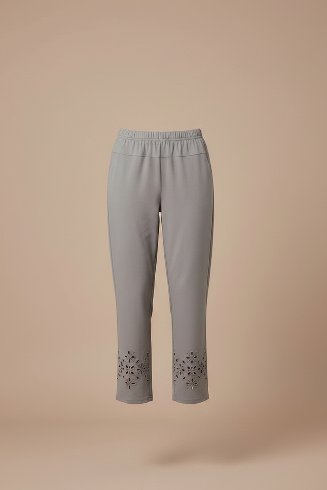Pantalon Chino Gris Brodé Cheville Décontracté Femme - Coton - vue 3