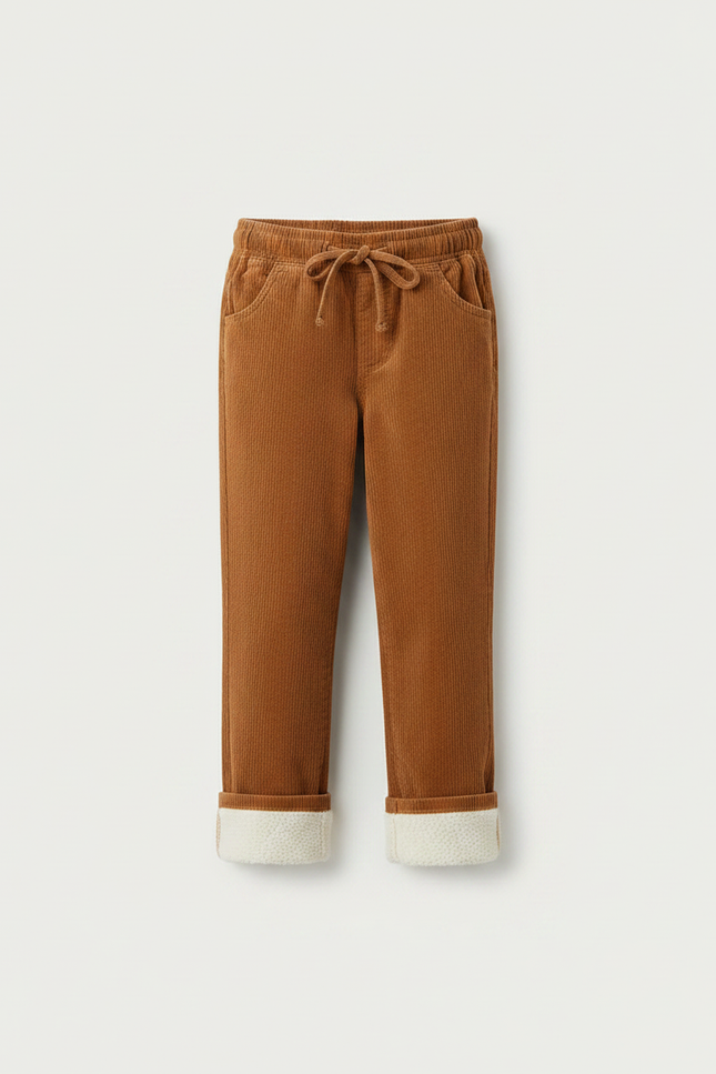 Pantalon Chino Marron Côtelé Doublé Enfant Décontracté - Camel Cordé - vue 3