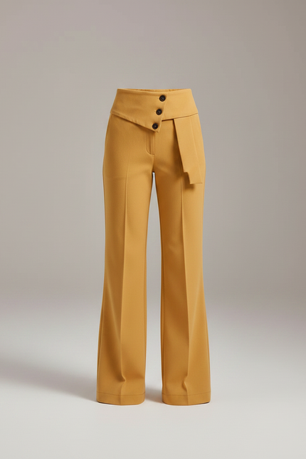 Pantalon Chino Jaune Moutarde Droit Taille Haute Boutons - Gabardine - vue 3