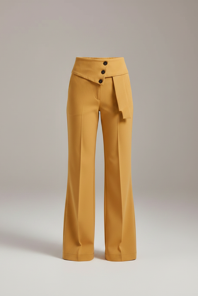 Pantalon Chino Jaune Moutarde Droit Taille Haute Boutons - Gabardine - vue 3