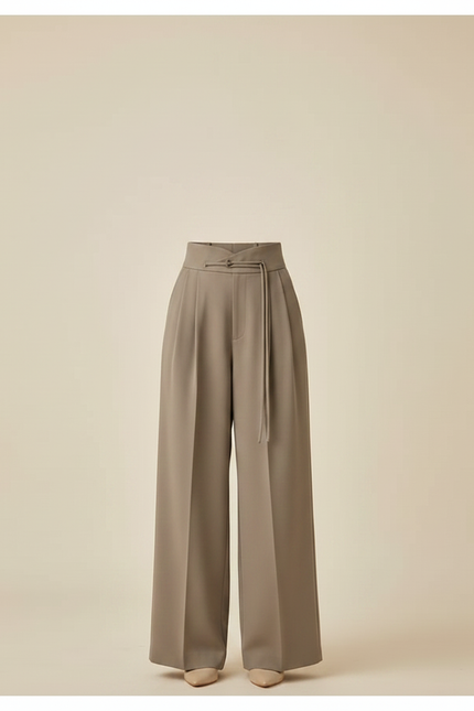 Pantalon Chino Drapé Ample Taille Haute Élégant Femme - Kaki Polyester - vue 3