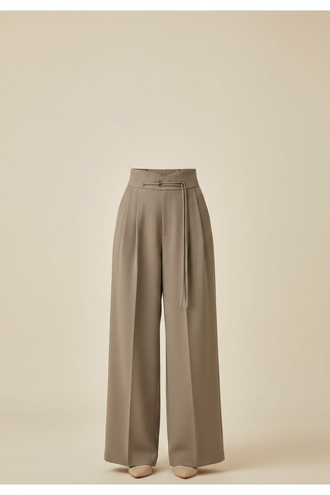 Pantalon Chino Drapé Ample Taille Haute Élégant Femme - Kaki Polyester - vue 3