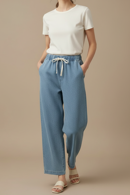 Pantalon Chino Bleu Clair Ample Taille Haute Léger - Coton - vue 3
