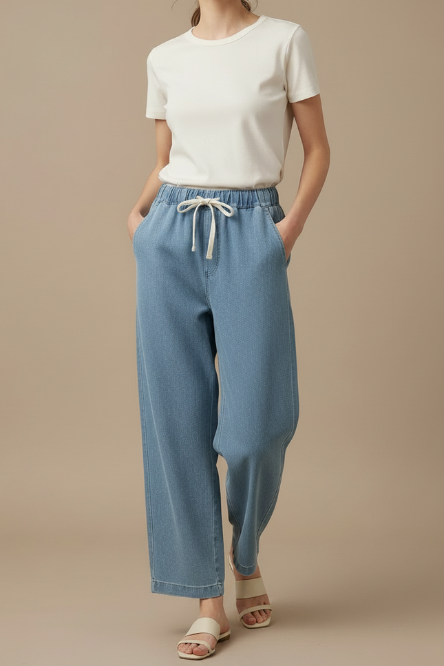 Pantalon Chino Bleu Clair Ample Taille Haute Léger - Coton - vue 3