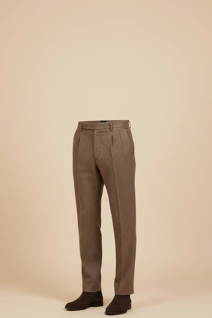 Pantalon Chino Marron Plissé Tweed Droit Élégant - vue 3