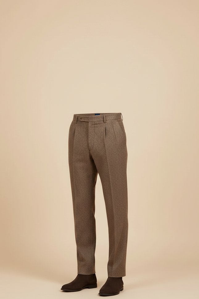 Pantalon Chino Marron Plissé Tweed Droit Élégant - vue 3