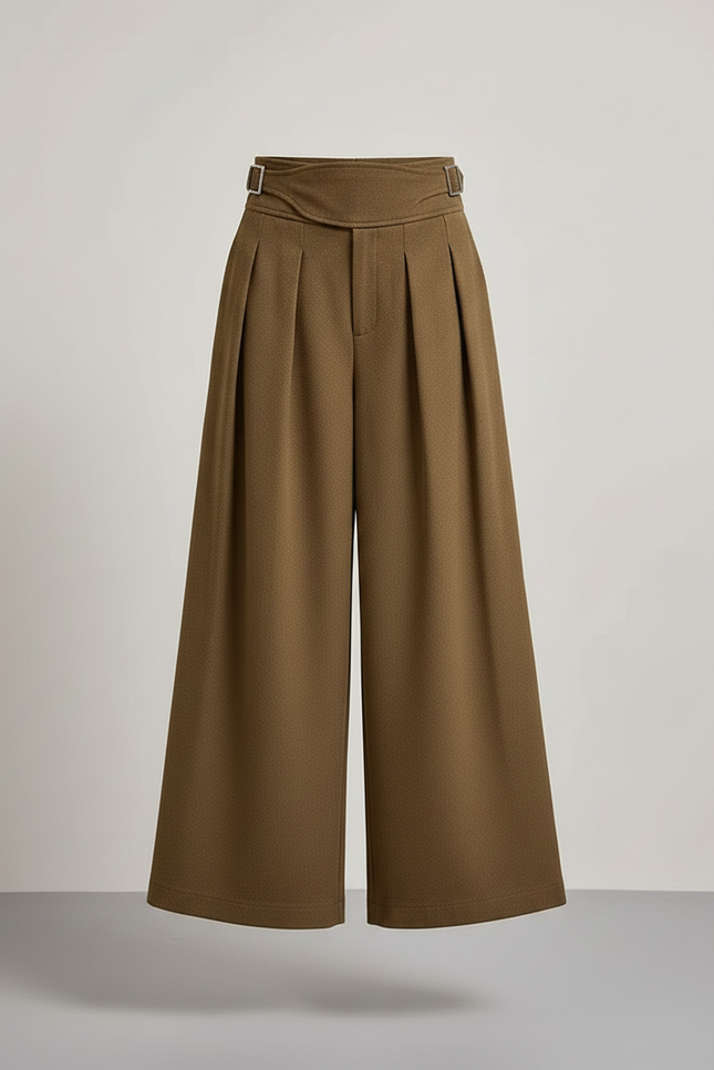 Pantalon Chino Kaki Ample Plissé Taille Haute Femme - Laine - vue 3