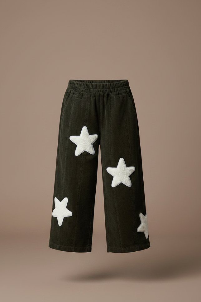 Pantalon Chino Vert Côtelé Étoiles Blanches Ample - Cordé - vue 3