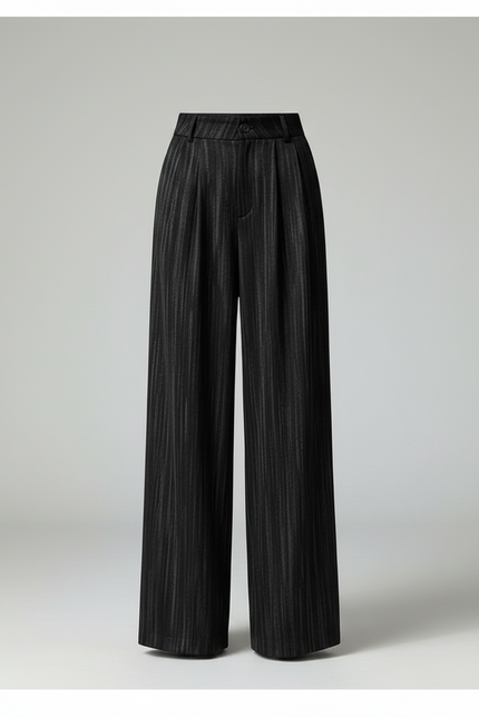 Pantalon Chino Noir Rayé Large Plissé Fluide - Polyester - vue 3