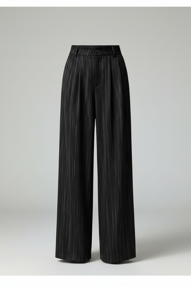 Pantalon Chino Noir Rayé Large Plissé Fluide - Polyester - vue 3