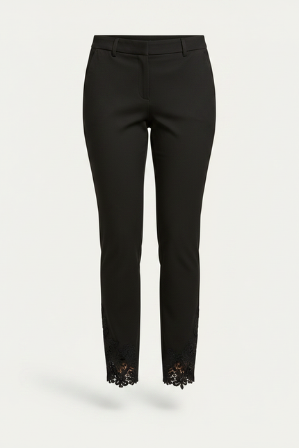 Pantalon Chino Noir Dentelle Évidée Slim Femme Élégant - Gabardine - vue 3