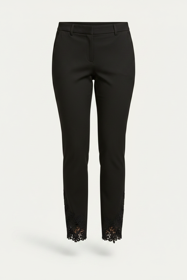 Pantalon Chino Noir Dentelle Évidée Slim Femme Élégant - Gabardine - vue 3