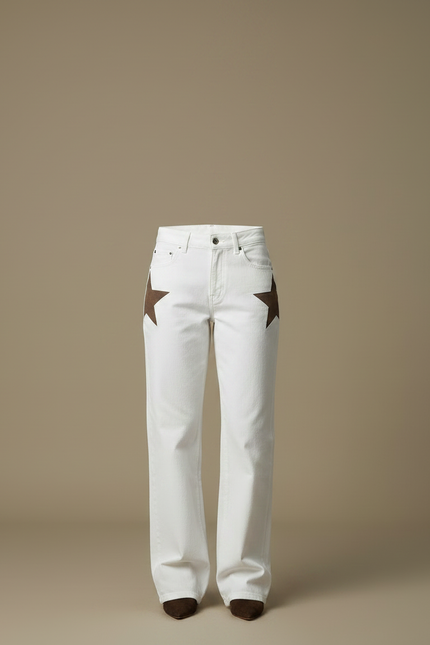 Pantalon Chino Blanc Étoiles Coupe Droite Femme - Jean - vue 3