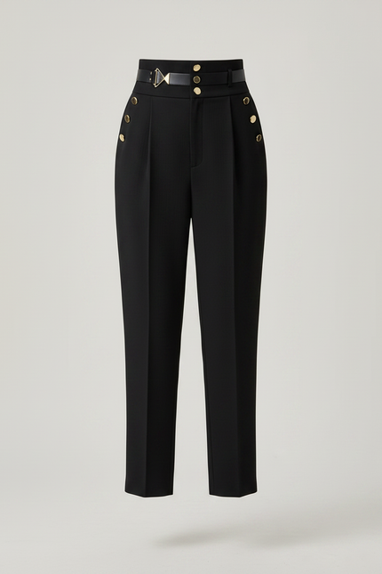 Pantalon Chino Noir Taille Haute Ample Boutons Dorés - Gabardine - vue 3