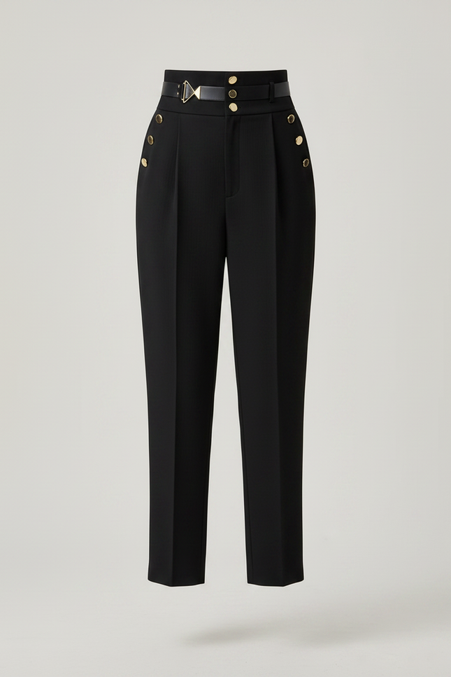 Pantalon Chino Noir Taille Haute Ample Boutons Dorés - Gabardine - vue 3