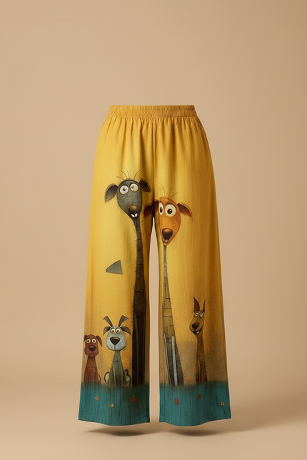 Pantalon Chino Jaune Ample Imprimé Chiens Décontracté - Lin - vue 3