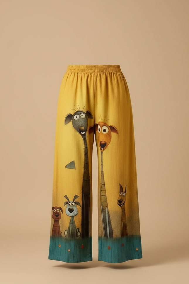 Pantalon Chino Jaune Ample Imprimé Chiens Décontracté - Lin - vue 3