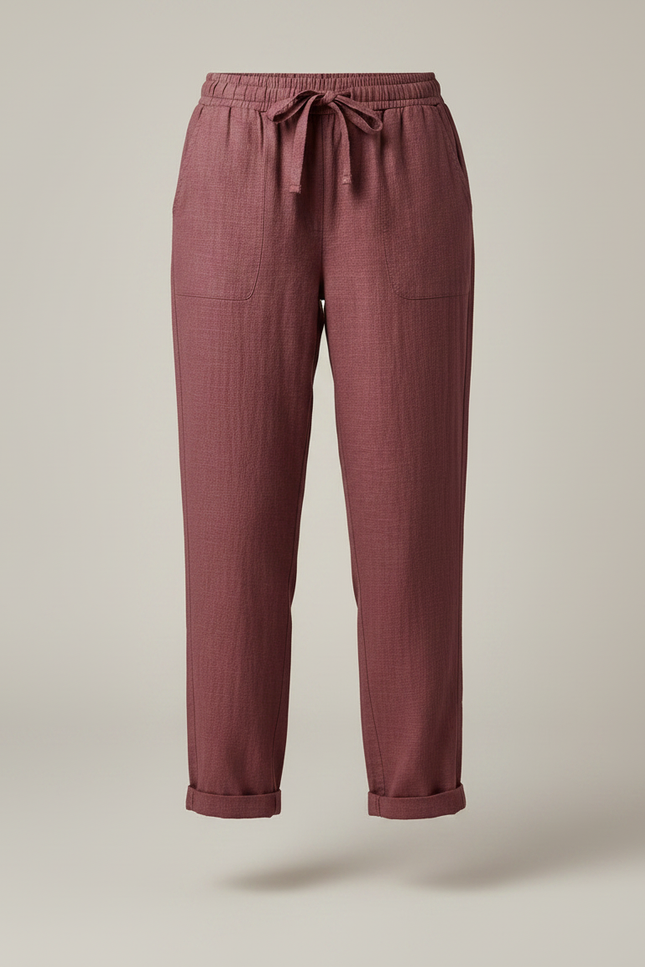 Pantalon Chino Bordeaux Ample Cordon Lin Femme - vue 3