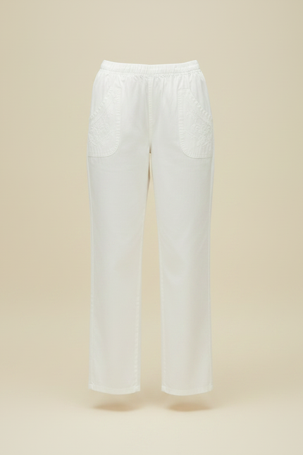 Pantalon Chino Blanc Brodé Ample Coton Fluide Femme - vue 3