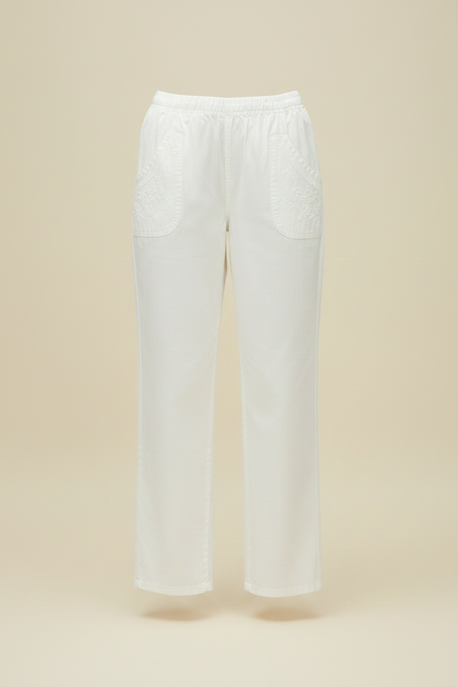 Pantalon Chino Blanc Brodé Ample Coton Fluide Femme - vue 3