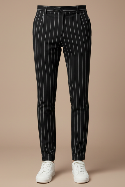 Pantalon Chino Noir Rayé Slim Coton Élégant Homme - vue 3