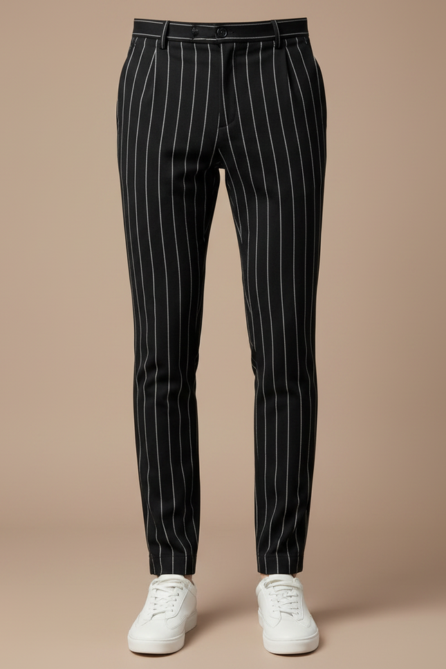 Pantalon Chino Noir Rayé Slim Coton Élégant Homme - vue 3