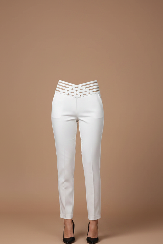 Pantalon Chino Blanc Taille Haute Élastique Élégant Femme - Gabardine - vue 3